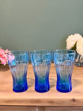 Coca-Cola Cobalt Blue Glasses Set of 3 6” Embossed Coke Tumblers